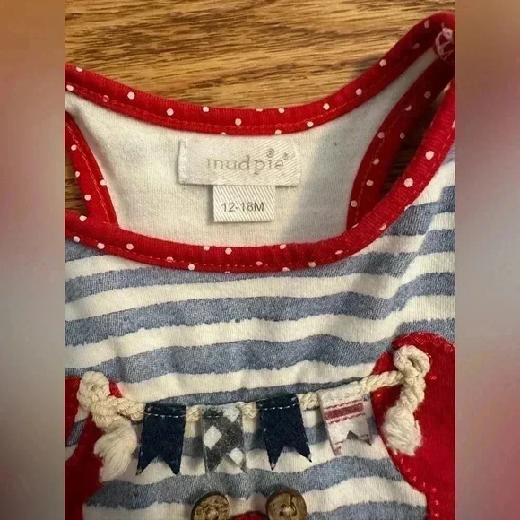 Mud Pie Crab Applique Blue Stripe Sleeveless top and red pants - Picture 2 of 12